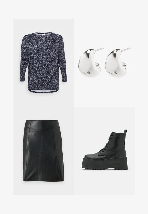 Navy ja vaaleansininen pantterikuosisessa pitkähihaisessa paidassa on rento leikkaus, pyöreä kaula-aukko ja kaareva helma, jossa on sivuleikkaukset.; Musta nahkahame, jossa on mukautuva muotoilu. Silkkinen pinta, saumat korostamassa muotoa ja suora helma. Minimalistinen ja tyylikäs ulkoasu.; Mustat nilkkurit paksulla pohjalla, valmistettu sileästä nahasta, jossa on nauhakiinnitys ja vetotuki takana.; Hopeiset nappikorvakorut, joissa on sileä, kaareva muotoilu. Niissä on kiillotettu pinta ja taustatappi, joka varmistaa turvallisen käytön.