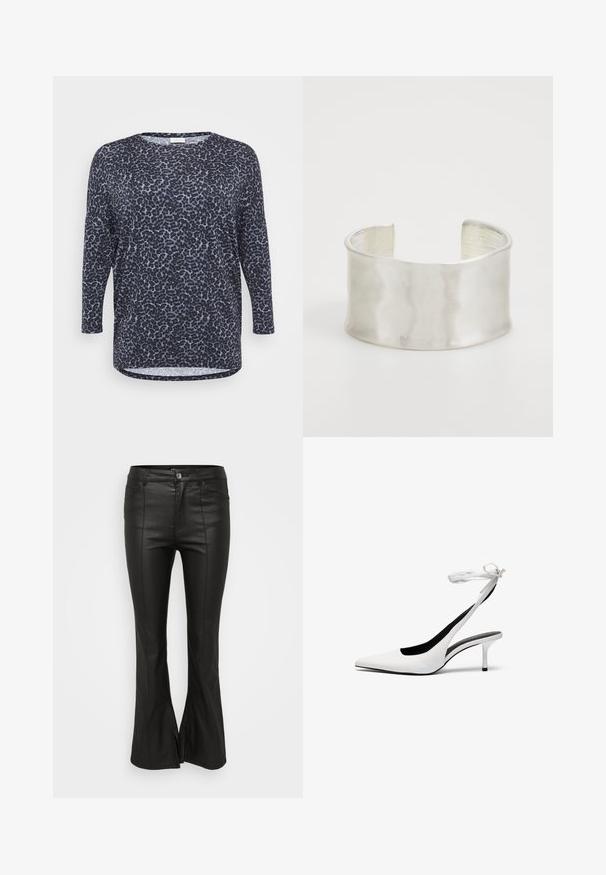 Majica z dolgimi rokavi v leopardjem vzorcu v mornarsko modri in svetlo modri barvi, ki ima ohlapen kroj, okroglo izreza in ukrivljen spodnji rob z bočnimi razporki.; Črne raztegnjene hlače z sijočo teksturo, podobno usnju, s sprednjimi žepi, zapiranjem na gumb in stranskimi razporki na robu.; Bele stiletto sandale z odprtim nosom in tankim zapenjanjem okoli gležnja. Gladek usnjen material, tanki stiletto pete in črna notranja podloga.; Zign Zapestnica - silver-coloured