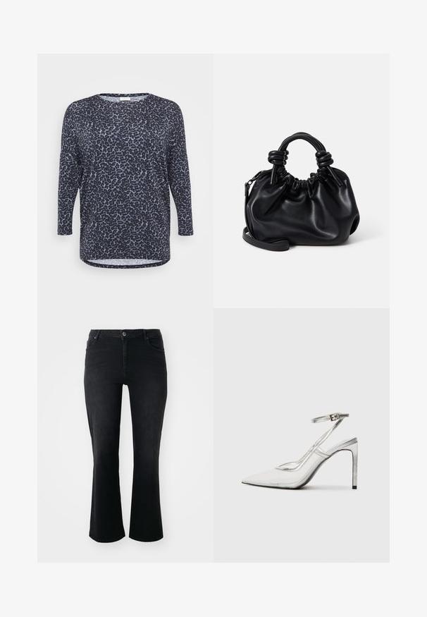 Langärmliges Oberteil mit Leopardenmuster in Marineblau und Hellblau, mit einem lockeren Schnitt, Rundhalsausschnitt und abgerundetem Saum mit seitlichen Schlitzen.; Schwarze Denim-Jeans mit mittelhohem Bund, vorderem Knopf, zwei Vorder- und zwei Hintertaschen sowie weiter Schnitt.; Klarer Stiletto-Absatzschuh mit spitzer Zehe, transparentem Material, metallisch silbernen Akzenten und verstellbarem Knöchelriemen.; Schwarze Handtasche aus Leder mit einem gerafften Design, kurzen, abgerundeten Griffen und einem abnehmbaren Schultergurt. Glatte Textur mit einer weichen Silhouette.