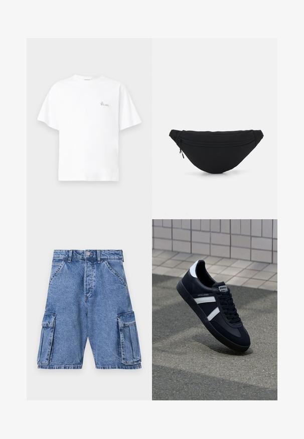 Witte katoenen T-shirt met een relaxte pasvorm, ronde hals, korte mouwen en een klein geborduurd "La Bellavista" logo op de borst.; Blauwe denim cargoshorts met een hoge taille, meerdere cargozakken aan de zijkanten en een klassieke vijf-pocket stijl. Stonewashed textuur.; Zwarte leren sneaker met witte strepen, een gestructureerde rubberen zool en vetersluiting aan de voorkant. Voorzien van een merklabel op de tong.; Zwarte stof heuptas met een afgeronde vorm, voorzak met rits en een gladde textuur. Geen zichtbare patronen of accenten. Lichtgewicht ontwerp.