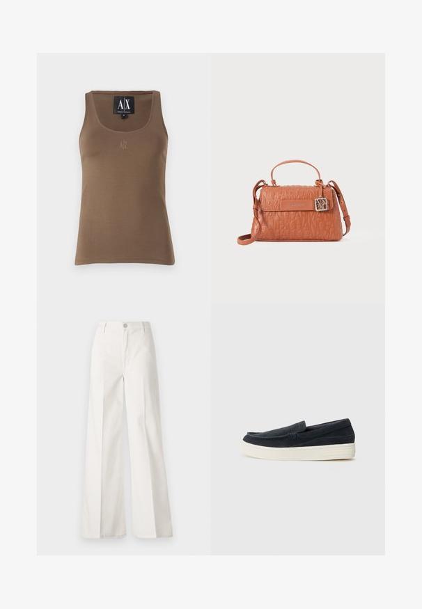 Hnědé bavlněné tílko s kulatým výstřihem, postranním švem a malým vyšitým logem na hrudi. Hladká textura.; Bílé volné kalhoty vyrobené z bavlny s hladkou texturou. Obsahují přední knoflík, zip a design se čtyřmi kapsami.; Námořnické semišové nazouvací boty s kulatou špičkou, kontrastní bílou gumovou podrážkou a minimálním prošitím podél švů.; Oranžová kožená kabelka s embosovaným logem, vrchním uchem, nastavitelným ramenním popruhem a stříbrným kováním.