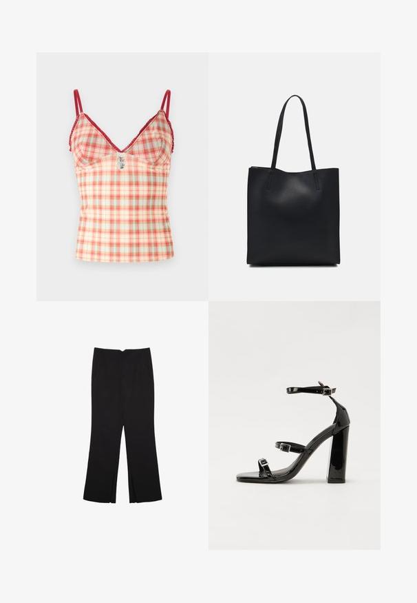 BDG Urban Outfitters JE TAIME CAMI - Toppi - pink; Mustat housut suoralinjaisella leikkauksella, joissa on etutaskut ja sivurei'ät helman alla. Valmistettu pehmeästä ja sileästä kankaasta. Sopii eri tilaisuuksiin.; Musta kiiltävä korkokenkä sandaalit neliönmuotoisella varpaalla, nilkkaremmillä ja hopeisilla soljilla. Varustettu tukevalla lohkokorkealla vakauden takaamiseksi.; Mustapahkainen kangaskassi, jossa on sileä pinta, suorakaiteen muotoinen ja kaksi pitkää kahvaa. Ei näkyvää metalliosaa tai koristeita.
