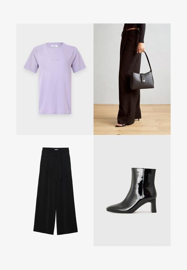 Gaišs lavandas krāsas kokvilnas T-kreklis ar apaļu kaklu un īsām piedurknēm. Priekškārtā ir diskrēta zīmola emblēma gaišākā tekstā.; Melni platleņķa bikses ar teksturētu audumu, elastīgu jostu un noņemamu siksnu viduklī, kas nodrošina regulējamu piegulšanu.; Melnas patentētas ādas potīšu zābaki ar norādītu pirkstu un vidēja augstuma kvadrātveida papēdi. Gluda tekstūra un minimālisma dizains.; Melnā somiņa ar strukturētu formu, gludu tekstūru un metālu sprādzi. Saskaņota ar platām melnām biksēm un sandālēm ar atvērtu purngalu uz koka grīdas.