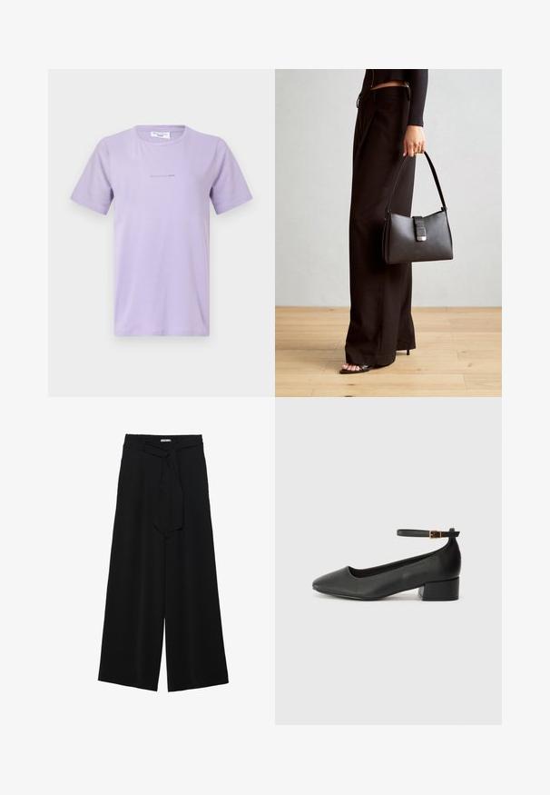 T-shirt de algodão em lavanda clara com decote redondo e mangas curtas. Apresenta uma marcação subtil em texto mais claro na parte da frente.; Calças largas pretas com um tecido texturizado, uma cintura elástica e um laço destacável na cintura para um ajuste ajustável.; Sandal de pele preta com bico pontiagudo e um salto bloco baixo. Apresenta uma tira no tornozelo com uma fivela em tom dourado. Textura suave.; Bolsa preta com forma estruturada, textura suave e um fecho metálico. Combinada com calças largas pretas e sandálias de salto aberto sobre um chão de madeira.