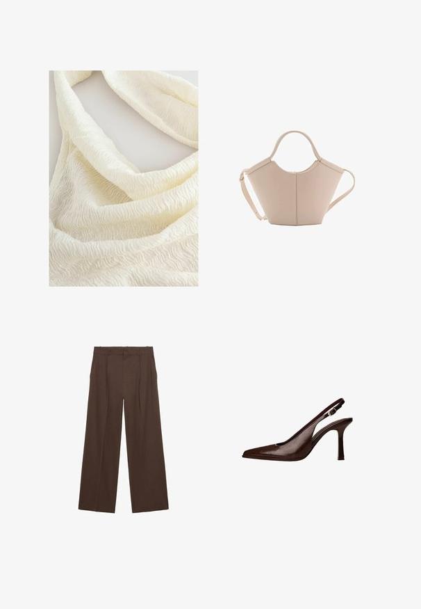 Next REGULAR FIT - TEXTURE - Top - ecru; Pantaloni largi maro, confecționați dintr-un material neted, cu talie înaltă, plisaje frontale și două buzunare laterale.; Pantofii slingback din piele maro au vârful ascuțit și tocul subțire. Prezintă o mică cataramă de accent pe curea și un finisaj lucios.; Geantă de mână bej din piele cu o formă unică, dotată cu două mânere scurte și o curea lungă ajustabilă. Textură netedă, cu hardware minim.