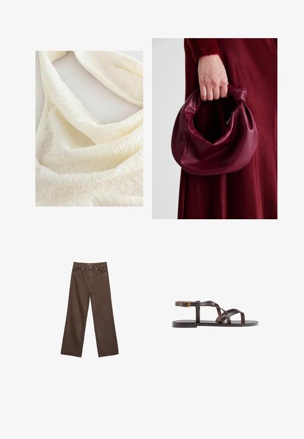 Next REGULAR FIT - TEXTURE - Top - ecru; Hnědé džíny s širokými nohavicemi vyrobené z denimu, s vysokým pasem, předními kapsami a klasickým zapínáním na knoflík. Hladká textura s jemným švem.; Hnědé kožené sandály s kříženými pásky, uzavřením na přezku u kotníku a plochou podrážkou s minimem švů.; Burgundská kožená kabelka s měkkým, nabíraným designem a zaobleným tvarem. Ucho je zajištěné a vykazuje hladkou texturu.