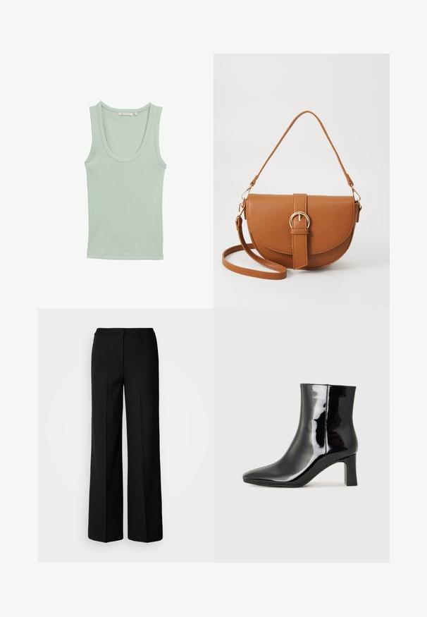 TOM TAILOR DENIM MIT STRUKTUR - Top - fresh mint green; Černé kalhoty s širokými nohavicemi z hladkého materiálu, s vysokým pasem, tailorovými švy a minimalistickým designem. Žádné viditelné kovové prvky ani kapsy.; Černé lakované kotníkové boty s špičatou špičkou a středně vysokým blokovým podpatkem. Hladká textura a minimalistický design.; Hnědá kožená křížová taška s zakřiveným tvarem, zlatými detaily a akcentem s přezkou. Obsahuje odnímatelný popruh na rameno.