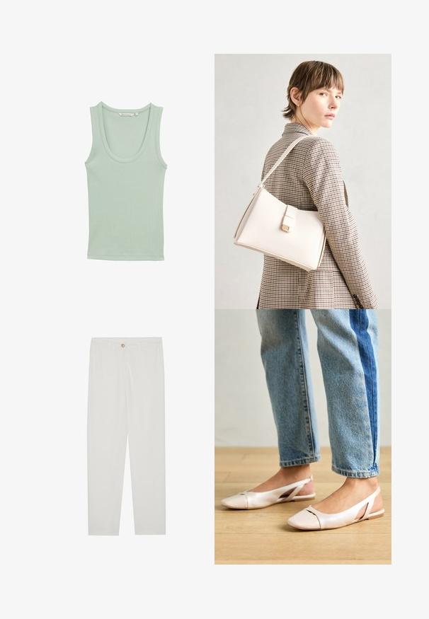 TOM TAILOR DENIM MIT STRUKTUR - Felső - fresh mint green; Fehér, testreszabott nadrág egyenes szárú szabással, gombos záródással, övcsatolókkal és oldalsó zsebekkel; sima textúrájú anyag.; Világos rózsaszín slingback laposlábú cipők, hegyes orral, sima bőrhatású anyagból készült. Oldalt kivágott részletek találhatók rajta, valamint lapos sarkú.; Fehér bőr táska strukturált dizájnnal, mágneses záródással és vállpánttal, semleges háttér előtt bemutatva.