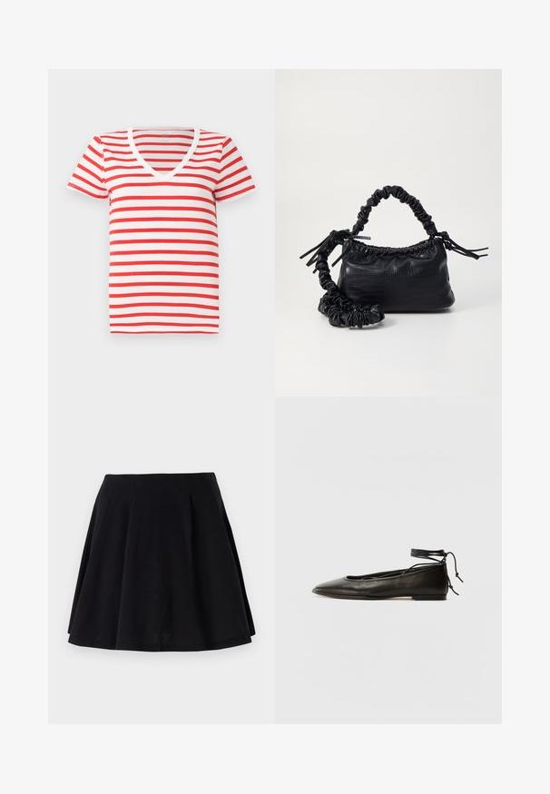 Sarkans un balts svītrots V-veida krekliņš, izgatavots no mīksta kokvilnas, ar īsām piedurknēm un brīvu piegriezumu. Vienkāršs dizains ar vienādām svītrām.; Melna kokvilnas svārki ar izplūdušu siluetu, ar plecušiem jostas apvidū un gludu tekstūru. Piemēroti ikdienas valkāšanai.; Melnas ādas baleta kurpes ar smailu purngalu, potītes saitēm un plakanu zoli, kas izceļas ar gludu tekstūru un minimālistisku dizainu.; Melnā mākslīgās ādas rokassoma ar krokodila rakstu, savilkta augšdaļa un saburzīta siksna. Izskatās mīksta un kompakta pēc dizaina.