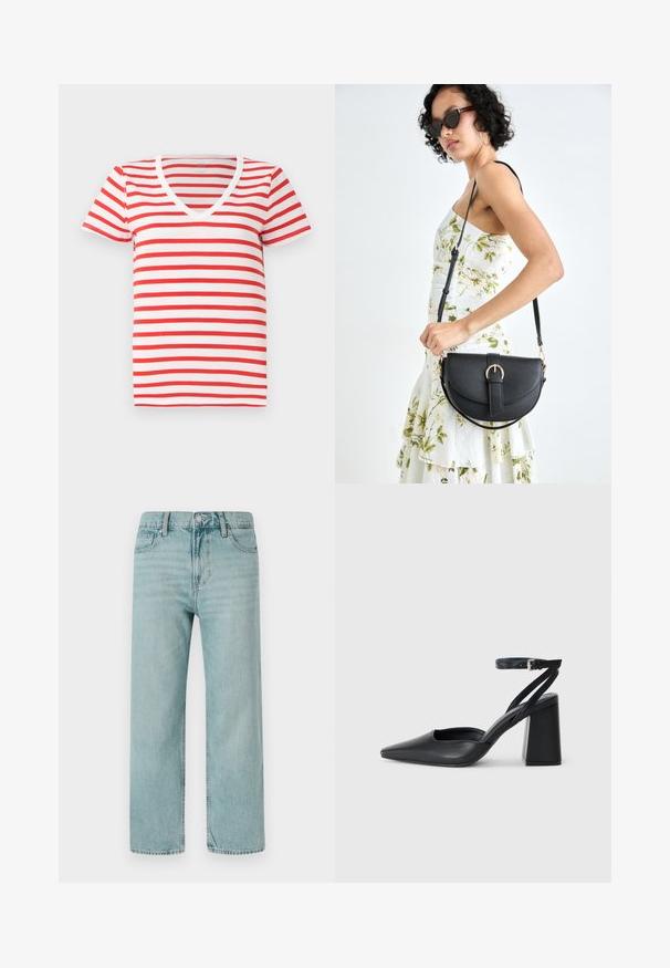 Piros és fehér csíkos V-nyakú póló, puha pamutból készült, rövid ujjú és laza fazonú. Egyszerű dizájn, egyenletes csíkokkal.; Világoskék, bő szabású farmernadrág, klasszikus öt zsebes kialakítással, letisztult vonalakkal, és normál derékrésszel, gombos záródással.; Fekete bőr, hegyes orrú magassarkú cipő boka pánttal és vastag sarokkal. Sima textúra, elegáns dizájn és minimális esztétika.; Fekete bőrtáska ívelt formával, levehető pánttal és arany színű fémrészekkel. A táskán egy csattal díszített fedél található.