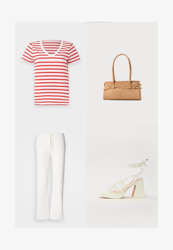 Red and white striped V-neck t-shirt made of soft cotton, featuring short sleeves and a relaxed fit. Simple design with even stripes.; White, relaxed-fit sweatpants made of soft fabric, featuring an elastic waistband with a drawstring and straight-leg design.; White high-heeled sandal with a chunky heel, featuring a strappy design and ankle tie. Smooth texture with a platform front for added height.; Tan suede handbag with two long handles, rectangular shape, and decorative stitching. Features a side strap and subtle gold hardware accents.