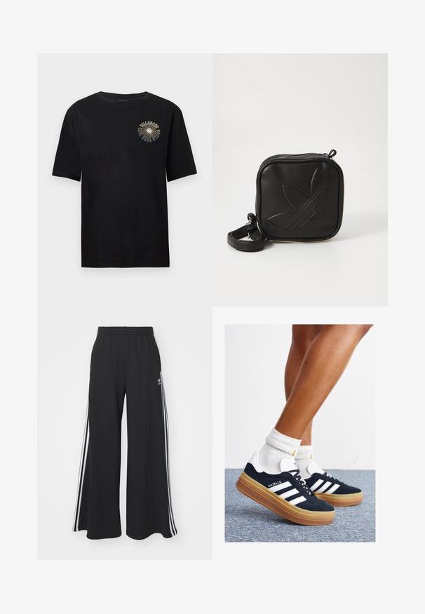 Sort kortærmet T-shirt lavet af blødt bomuld. Har et farverigt grafisk print på brystet med teksten "BULLDOGS". Klassisk rund halsudskæring.; Sorte brede sweatpants med elastisk talje, med hvide sidelommer og et broderet logo på venstre lår.; Sorte sneakers i ruskind med hvide striber og detaljer, rundet tå, ydersål i gummi, kombineret med hvide ribstrikkede crew sokker.; Sort kvadratisk crossbody taske lavet af tekstureret syntetisk materiale. Har et prægede logo design og justerbar strop. Lynlåslukning.