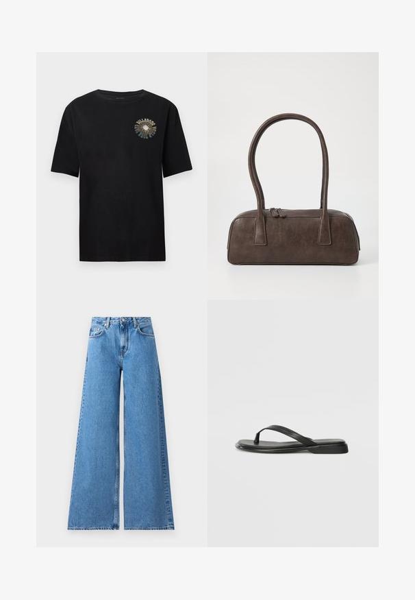 Mustat lyhythihaiset T-paidat, jotka on valmistettu pehmeästä puuvillasta. Etupuolella on värikäs graafinen painatus, jossa lukee "BULLDOGS". Klassinen pyöreä kaula-aukko.; Laaja lahkeinen sininen farkut korkealla vyötäröllä, jotka sisältävät klassisen viisi-taskun muotoilun ja saumat sivuilla lisäyksinä.; Mustat varvastossut, joissa on sileä nahkapinta, ohut hihna ja litteä pohja, jossa on minimalistinen muotoilu. Ei huomattavia kuvioita tai koristeita.; Ruskea nahkalaukku, jossa on kaksi tukevasti kantavaa kahvaa, suorakaiteen muotoinen, sileä pinta ja vetoketjukiinnitys. Minimalistinen muotoilu ilman näkyviä kuvioita.