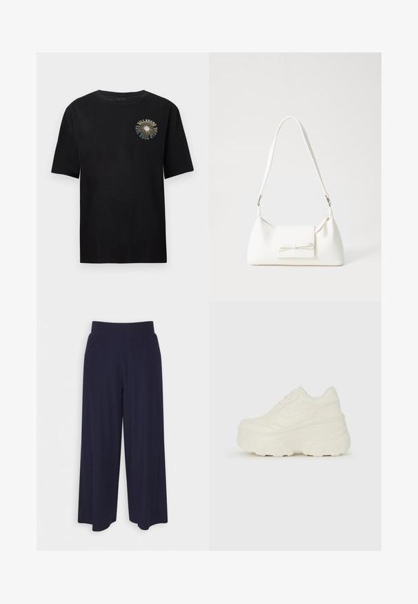 Črno kratkotrajno majico z oprsnimi rokavi iz mehkega bombaža. Ima barvit grafični tisk na prsih z besedilom "BULLDOGS". Klasičen kroj s krožnim izrezom.; Široke hlače iz temno modrega blaga z rebrasto teksturo. Imajo gladek pas in tekoč silhueto, ki seže do sredine tele.; Bele platformske tene z belim zgornjim delom, ki spominja na usnje, okroglo obliko, oblazinjen ovratnik ter gumo z teksturo na podplatu z izrazitimi profili.; Bela sintetična torbica v obliki trikotnika, z ravnim sprednjim poklopcem in detajlom mašne, nastavljivim trakom, gladko teksturo in minimalističnim dizajnom.