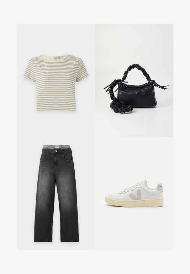 Kollane triibuline särk siniste horisontaalsete joontega, ümarad kaelus, lühikesed varrukad ja lühem mudel. Pehme puuvillane materjal, lihtne disain.; Mustad denimist laiad püksid, millel on kassi-loomakaubaga vöökoht. Omadused hõlmavad eespool taskuid ja nuppleclosingut. Kulunud tekstuur.; Valge nahast tenniseking, millel on beežist siidist aktsent ja aukudega varvas, lame paelad ja tekstureeritud koorevärvi tallad. Omab nüansirikast brändimist kannal.; Must must sünteetilisest nahast käekott, millel on krokodillimuster, kokku tõmmatav ülaosa ja kortsus rihm. Tundub pehme ja kompaktne disain.