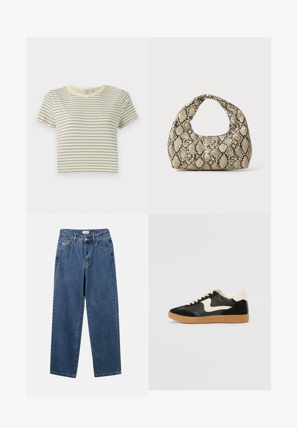 Žuta majica prugasta s plavim horizontalnim prugama, okrugli izrez, kratki rukavi i skraćeni kroj. Mekani pamučni materijal, jednostavan dizajn.; Klasične plave traperice s ravnim nogavicama, pet džepova i dugmadom za zatvaranje. Imaju srednje pranje i čvrstu teksturu.; Crna nubuk i kožna tenisica s kremastim bočnim swooshom i svijetlom kremastom petom. Sadrži bež vezice i gumu na potplatu.; Torba s uzorkom zmije s zakrivljenom drškom. Izrađena od teksturiranih materijala u bež i smešnim tonovima, sa karakterističnim dijamantnim uzorkom.