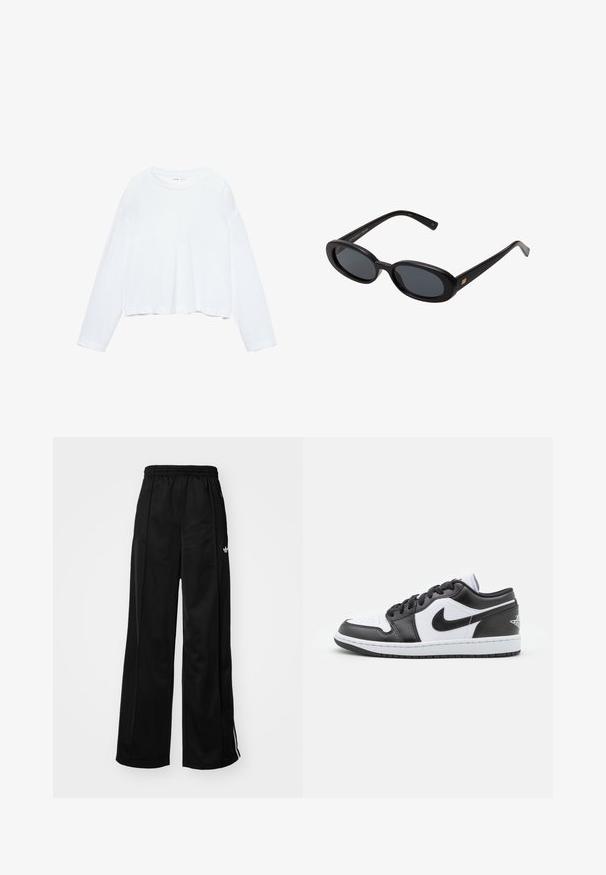 Long-sleeve white cropped t-shirt, made of soft fabric, features a round neck and relaxed fit with cuffed sleeves. Simple and clean design.; Black wide-leg track pants with an elastic waistband, featuring white side stripes and a small logo on the left hip. Smooth fabric texture.; Black and white Nike low-top sneakers feature a smooth leather upper, round toe, lace-up closure, and a patterned rubber outsole.; Black oversized sunglasses with oval lenses, smooth plastic frame, and gold accents on temple. Dark lenses provide sun protection.