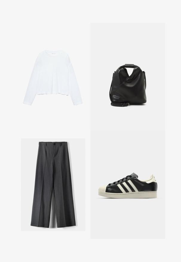 Pitkähihaisessa valkoisessa lyhyessä t-paidassa on pehmeä kangas, pyöreä kaula-aukko ja rento istuvuus tikkauksetulla hihalla. Yksinkertainen ja siisti muotoilu.; Housut, joissa on leveät lahkeet tummanharmaasta kankaasta. Varustettu napin sulkemisella, etupleiteillä ja vyölenkeillä. Sujuva rakenne ja räätälöity muotoilu.; Musta nahkasneakeri, jossa on valkoiset raidat, kuminen varvassuoja, mustat nauhat ja kermaisa ulkopohja. Suora pinta ja kiiltävä viimeistely.; Mustan, pehmeän nahkabagin ainutlaatuinen kierretty muotoilu. Varustettu lyhyellä kahvalla ja irrotettavalla olkahihnalla. Minimalistinen tyyli.