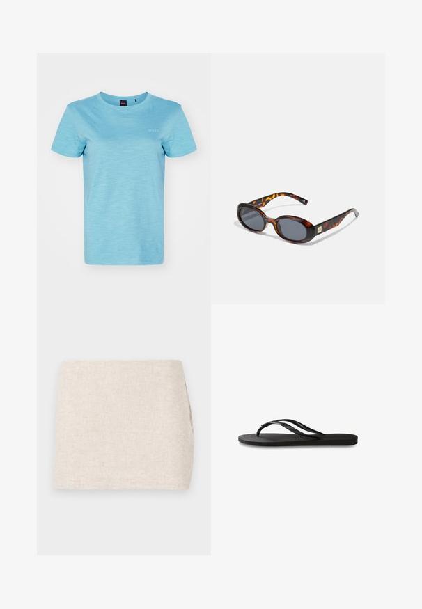 T-shirt de algodão azul claro com decote redondo, mangas curtas e um logotipo no lado esquerdo. Textura suave com um padrão heather sutil.; Saia de linho bege com um design minimalista, apresentando uma textura suave e um padrão discreto. Tem um corte reto e simples, sem fechos visíveis.; Chinelo preto com sola de borracha texturizada, duas tiras finas e um detalhe de logotipo discreto em relevo na tira.; Óculos de sol tartaruga castanha com lentes ovais e tom cinza escuro. Apresenta um detalhe em tom dourado nas hastes. Textura de plástico suave.