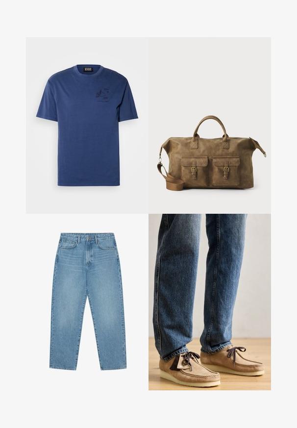 Navy blue cotton t-shirt with a relaxed fit, featuring a graphic print on the left chest area and short sleeves. Simple crew neckline.; Light blue denim jeans with a straight-leg cut, five-pocket design, and a slightly faded texture. Features a button and zipper closure.; Suede moccasins in tan with dark brown accent, rounded toe, and plush white sole. Features lace-up design and stitched detailing.; Brown leather duffel bag with two front pockets, adjustable shoulder strap, gold hardware, and sturdy top handles. Smooth texture.