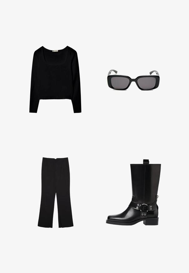 Černý top s dlouhým rukávem a čtvercovým výstřihem, vyrobený z hladkého materiálu, s krátkým lemem a bez dalších vzorů či ozdob.; Černé kalhoty s rovným střihem, s předními kapsami a bočními rozparky na lemu. Vyrobené z jemné, hladké tkaniny. Vhodné na různé příležitosti.; Černá kožená vysoká bunda s špičatou špičkou, stříbrnými sponami a robustní podešví. Obsahuje poutko pro snadné obutí.; Černé obdélníkové sluneční brýle s tmavými skly, hladkým plastovým rámem a zakřivenými stranicemi. Design je robustní s minimalistickou estetikou.