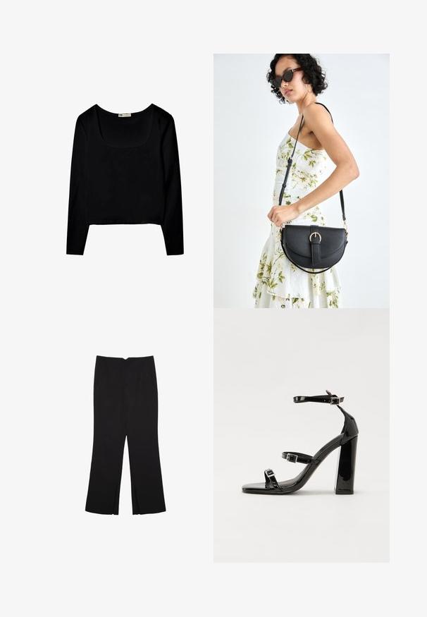 Svart långärmad topp med fyrkantig halsringning, gjord av ett mjukt tyg, med en kortad nederkant och utan mönster eller dekorationer.; Svarta byxor med rak passform, utrustade med framfickor och sidoklyvningar vid fållen. Tillverkade av mjukt, slätt tyg. Lämpliga för olika tillfällen.; Svarta lackerade klacksandaler med fyrkantig tå, ankelremmar och silverfärgade spännen. Har en kraftig blockklack för stabilitet.; Svart läderhandväska med en böjd form, avtagbar rem och guldiga detaljer. Väskan har ett lock med en spänndetalj.