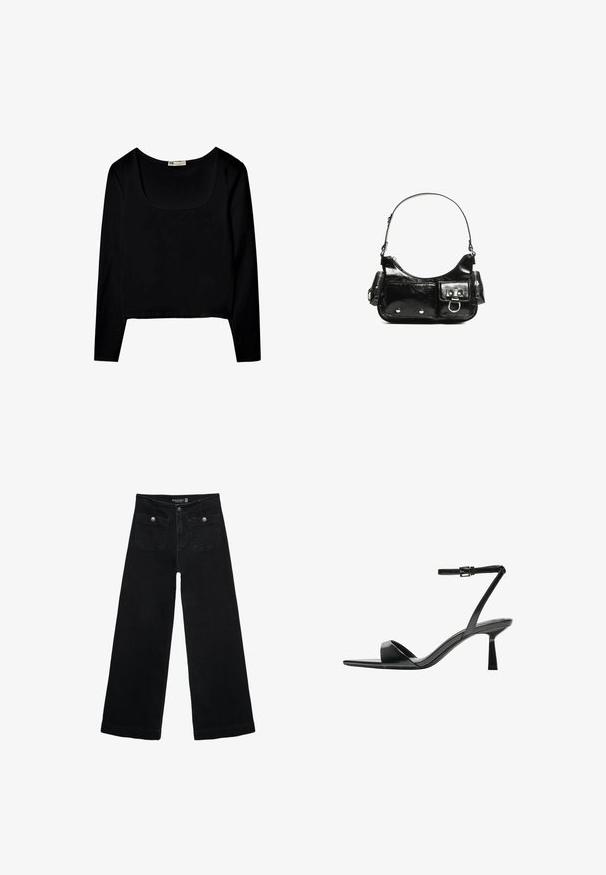 Mustat pitkät hihat -paita neliömäisellä kaula-aukolla, valmistettu sileästä kankaasta, jossa on lyhyt helma eikä lisämalleja tai koristeita.; Mustat leveälahkeiset farkut korkean vyötärön kanssa, joissa on kaksi etutaskua ja metalliset nappikoristeet. Kangas on sileä.; Bershka Korolliset sandaalit - black; Mustekko mustasta kiiltonahasta valmistettu käsilaukku, jossa on kaareva muoto, yksi olkahihna, etutaskut ja hopeanväriset yksityiskohdat.