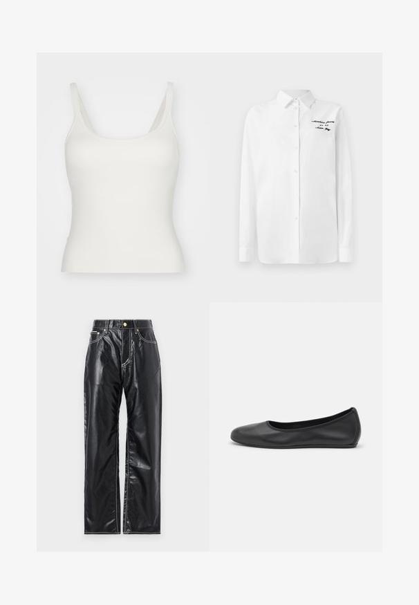 Hvit tank topp med tynne stropper, laget av glatt, elastisk materiale. Har scoop-hals og en tettsittende silhuett. Ingen mønstre eller detaljer.; Hvit langermet knappshirt med krage og svart brodert tekst "Moschino Jeans" på øvre venstre bryst.; Sorte faux skinnbukser med bred benkutt, med hvite sømmer, frontlommer og en gullknapp i midjen.; Svart skinnballettflatt med rund tå, glatt tekstur, minimal sømdetalj, og et fleksibelt såledesign.