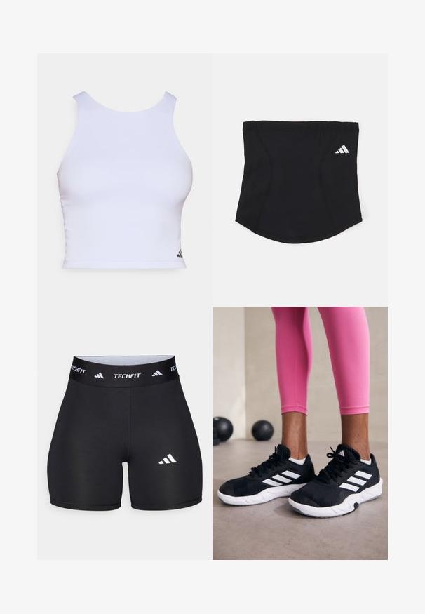 Hvid sports crop top lavet af glat stof, med rund halsudskæring, uden ærmer og et lille sort logo i nederste hjørne.; Sorte shorts lavet af strækbart stof med en tætsiddende design. Har en bred sort elastik med påskriften "TECHFIT" og et hvidt logo på benet.; Sorte sportssko med hvide striber, tekstureret mesh-overdel og en hvid sål. Bæres med pink leggings, der fremhæver træningstøj.; Sort atletisk pandebånd med en glat overflade, buet form og elastisk top. Har et lille hvidt Adidas-logo på siden.