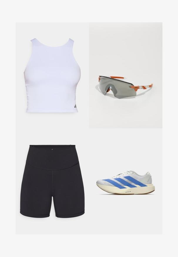 Top corto deportivo blanco hecho de tejido liso, con un escote redondo, diseño sin mangas y un pequeño logo negro en la esquina inferior.; Pantalones cortos deportivos negros hechos de un tejido elástico. Cuentan con una cintura alta y costuras suaves. Adecuados para ropa activa y ejercicio.; Zapatilla deportiva blanca con rayas azules, parte superior texturizada, suela plana y la marca "LIGHTSTRIKE PRO" en el lateral. Diseño de perfil bajo.; Gafas de sol deportivas con lentes grises, detalles en naranja y brazos blancos con patrón. Diseñadas para un rendimiento óptimo con una forma envolvente.
