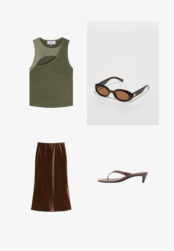 Scalpers Top - khaki; Brown satin midi skirt with an elastic waistband, smooth texture, and a straight silhouette, designed for a relaxed fit.; Brown heeled flip-flop sandal with a slender strap and rounded toe post, featuring a small gold accent on the footbed.; Brown tortoiseshell sunglasses with oval lenses, featuring a thin frame and a small metallic accent on the side. Textured and polished finish.; Beige suede handbag with a rounded shape, featuring three gathered pockets on the front and a single adjustable strap.