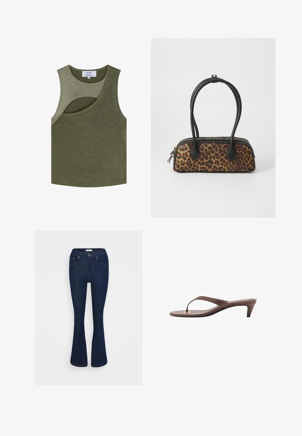 Scalpers Top - khaki; Jeans a zampa d'elefante in denim blu scuro, con un classico design a cinque tasche, chiusura con bottone metallico e dettagli di cucitura sulle tasche.; Infradito con tacco marroni, dotati di una fascia sottile e un puntale arrotondato, con un piccolo dettaglio dorato sulla soletta.; Borsa a mano con stampa leopardata e base in finta pelle nera, manici superiori doppi, cerniera dorata e linguette in finta pelle nera accentuate. Forma rettangolare.