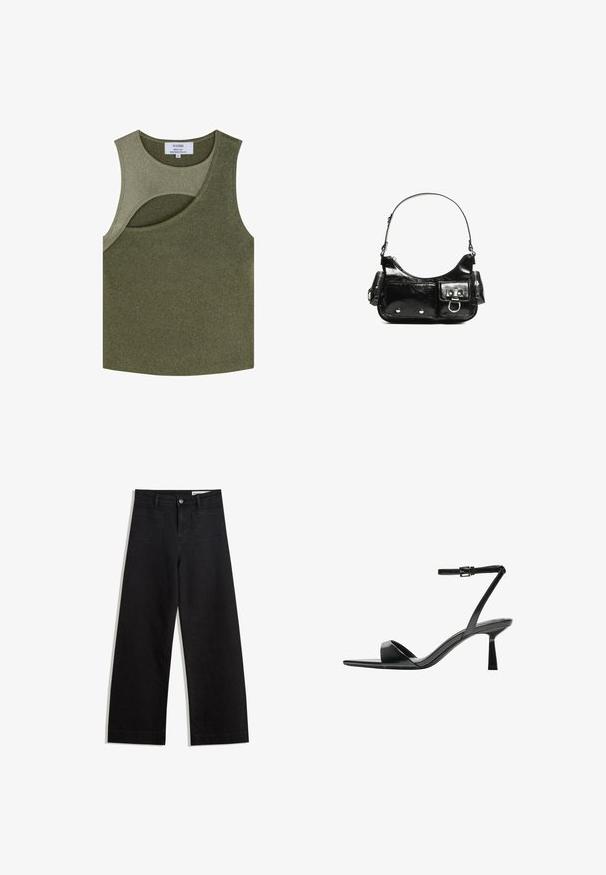 Scalpers - Top; Czarne dżinsowe spodnie o szerokich nogawkach i wysokim stanie, z przednimi i tylnymi kieszeniami, przeszyciami oraz zapięciem na guziki. Gładka struktura.; Bershka - Sandały na obcasie; Czarna torebka z lakierowanej skóry o zaokrąglonym kształcie, z jednym paskiem na ramię, przednimi kieszeniami i akcentami w kolorze srebrnym.