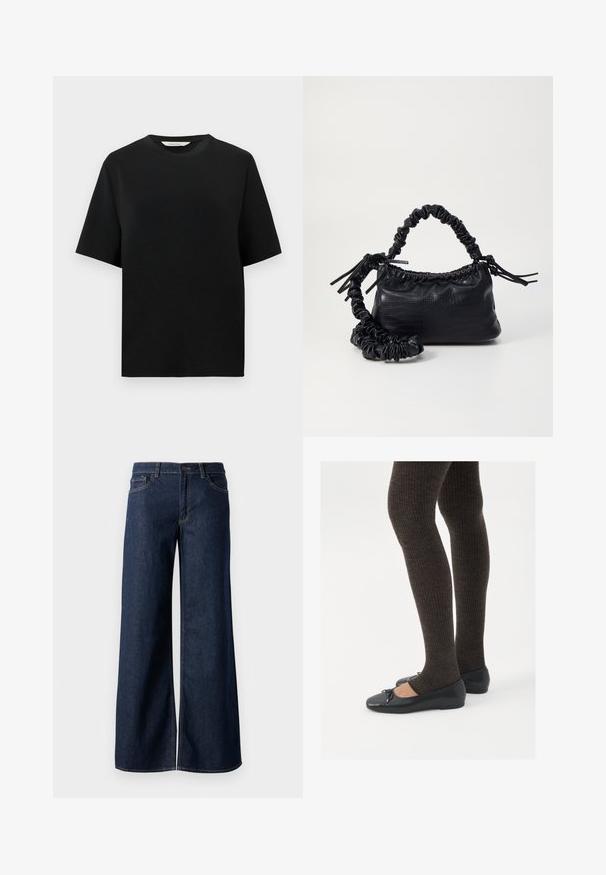 Tricou negru cu mânecă scurtă și guler rotund, cu o croi lejer, expus pe un fundal alb simplu.; Jeanși cu picioare largi din denim albastru închis. Prezintă cusături contrastante, cinci buzunare și o închidere cu nasture la talie. Textură netedă.; Pantofi negri cu un detaliu mic de fundiță la vârf, asortați cu colanți maro închis, cu textură ondulată. Pantofii au o textură netedă și un profil joase.; Geantă din faux leather neagră cu textură de crocodil, cu partea superioară strânsă și o curea mototolită. Pare moale și compactă ca design.