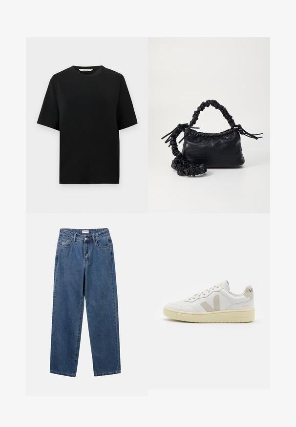 Crna kratka majica s kratkim rukavima i okruglim izrezom, opuštenog kroja, prikazana na jednostavnoj bijeloj pozadini.; Klasične plave traperice s ravnim nogavicama, pet džepova i dugmadom za zatvaranje. Imaju srednje pranje i čvrstu teksturu.; Bijele kožne tenisice s bež nubuk naglascima, perforiranim prednjim dijelom, ravnim čipkama i teksturiranom kremastom potplatom. Sadrži suptilni brend na pete.; Crna torba od umjetne kože s teksturom krokodila, s cinčanim vrhom i naboranom trakom. Izgleda mekano i kompaktno u dizajnu.