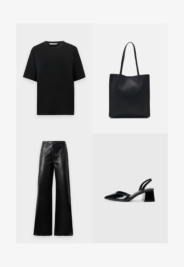 Svart T-shirt med kort ärm och rund halsringning i en avslappnad passform, placerad mot en enfärgad vit bakgrund.; Svarta högmidjade vida byxor i konstläder med framknapp, dragkedjestängning, bältesöglor och sidofickor på vit bakgrund.; Svarta lackläder slingback klackar med spetsig tå och geometrisk klack. Har en elegant, minimalistisk design och slät yta.; Svart lädertoffelväska med slät textur, rektangulär form och två långa handtag. Ingen synlig hårdvara eller dekorationer.