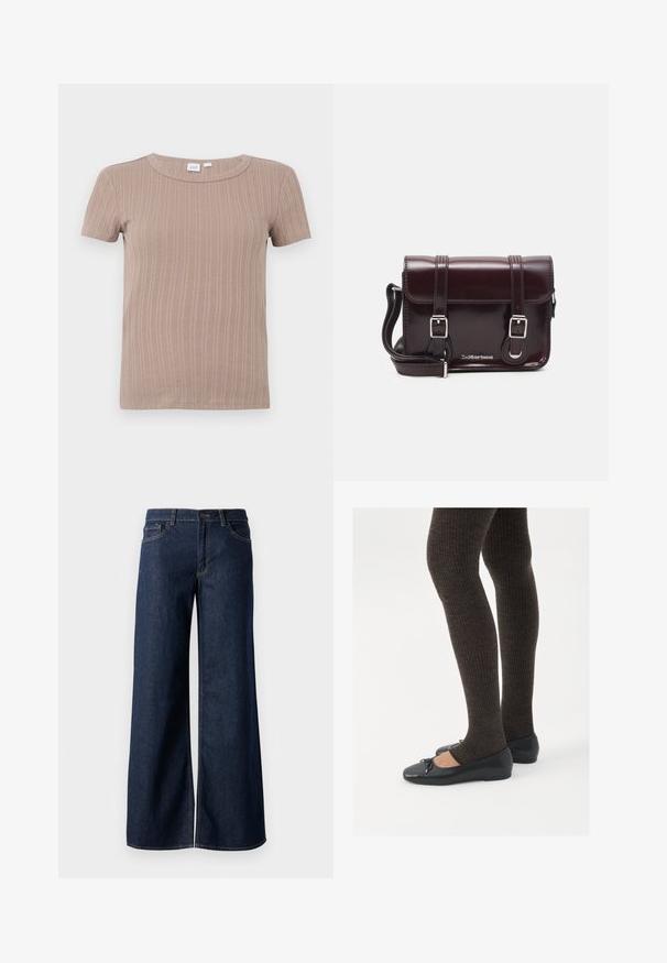 Lühikeste varrukatega beež ribakudum T-särk ümarate kaelustega, taustal lihtne valge taust.; Laiad teksad tumesinises denimis. Omab kontrastõmblusi, viit taskut ja nupukinnitust vööl. Sile tekstuur.; Mustad mustad kingad väikese teksaga varvaste juures, koos tumedate pruunide ribakangastega. Kingadel on sile tekstuur ja madal profiil.; Burgundi värvi patendiga nahast risti koti, millel on ristkülikuline kuju, kaks rihma, hõbedased detailid ja klapi sulgur.