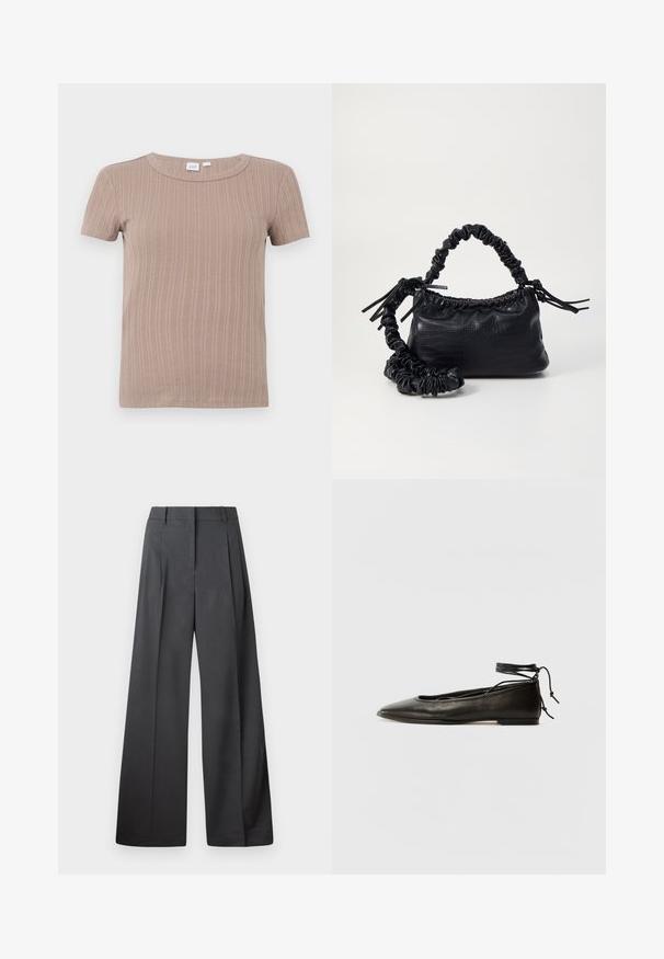 Lühikeste varrukatega beež ribakudum T-särk ümarate kaelustega, taustal lihtne valge taust.; Tumesed püksid tumesinises kangas, kõrge vöökoht, üks voldik ning sile struktuur puhaste ääristega.; Must mustast balletijalatsid, millel on terav nina, pahkluu seotud ja lame tall, sujuva tekstuuri ning minimalistlik disain.; Must must sünteetilisest nahast käekott, millel on krokodillimuster, kokku tõmmatav ülaosa ja kortsus rihm. Tundub pehme ja kompaktne disain.