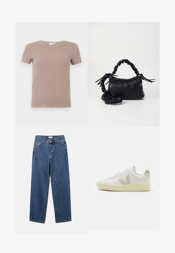 T-shirt beige à manches courtes en tricot côtelé avec col rond, présenté sur fond blanc uni.; Jean en denim bleu classique avec une coupe droite, cinq poches et une fermeture par bouton. Présente un lavage moyen et une texture robuste.; Baskets blanches en cuir avec des accents en daim beige, boîte à orteils perforée, lacets plats et semelle texturée crème. Présente un logo discret au talon.; Sac à main en simili cuir noir avec une texture crocodile, un dessus resserré et une sangle froncée. A l'apparence douce et compacte.