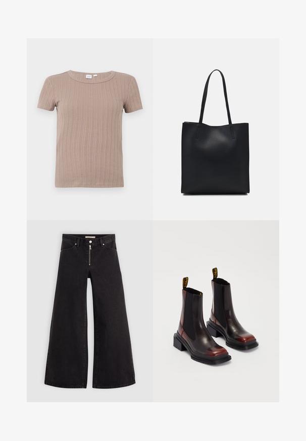 Camiseta de punto acanalado beige de manga corta con cuello redondo, exhibida sobre un fondo blanco liso.; Jeans de pierna ancha en denim negro con cierre frontal, diseño de cinco bolsillos y detalles de costura sutiles. Textura suave y estilo casual.; Dr. Martens MAYBOLE CHELSEA - Botines con plataforma - black/cherry red; Bolso tote de cuero negro con textura lisa, forma rectangular y dos asas largas. Sin herrajes ni adornos visibles.