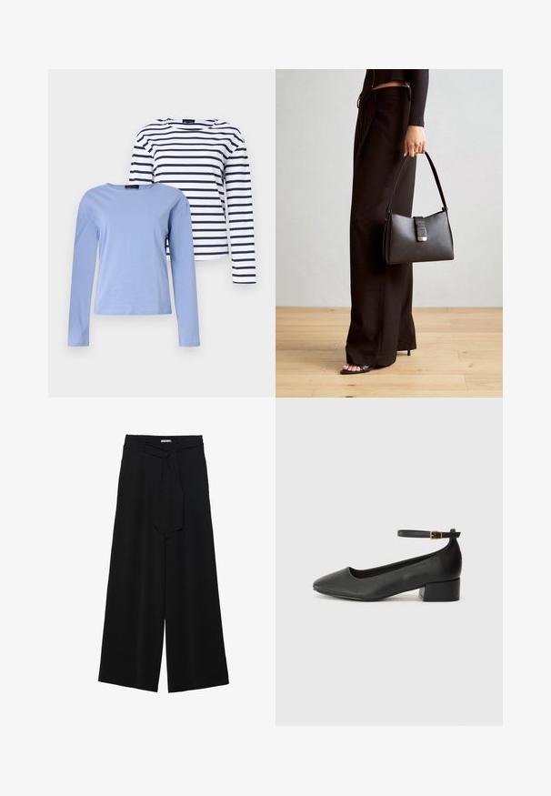 Twee tops met lange mouwen: de één is effen lichtblauw, de ander heeft marineblauwe en witte horizontale strepen. Beide shirts hebben een ronde hals.; Zwarte wijde broek van textuurstof, met een elastische tailleband en een afneembare sjaalstrik in de taille voor een verstelbare pasvorm.; Zwarte leren pump met een spitse neus en een lage blokhak. Beschikt over een enkelband met een goudkleurige gespsluiting. Gladde textuur.; Zwarte handtas met gestructureerde vorm, gladde textuur en een metalen sluiting. Gecombineerd met brede zwarte broeken en sandalen met open teen op een houten vloer.