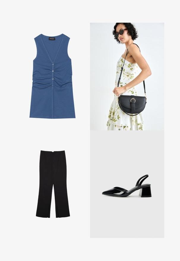 Blue sleeveless top made of soft fabric, featuring a deep V-neck, button closure, and gathered detailing at the front.; Black trousers with a straight fit, featuring front pockets and side slits at the hem. Made of soft, smooth fabric. Suitable for various occasions.; Black patent leather slingback heels with a pointed toe and a geometric block heel. Features a sleek, minimal design and smooth texture.; Black leather handbag with a curved shape, detachable strap, and gold hardware. The bag features a flap with a buckle detail.