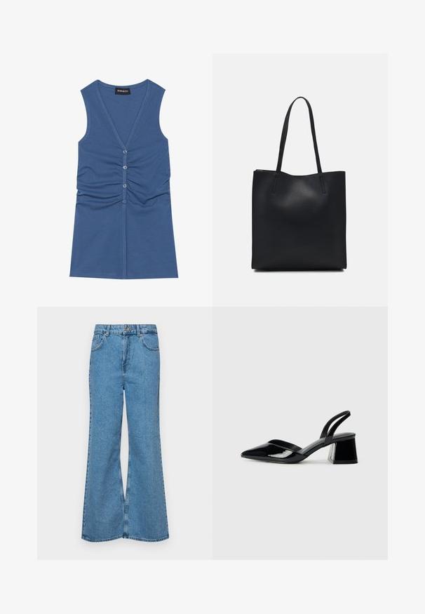 Mėlynas be rankovių viršus, pagamintas iš minkštos medžiagos, su gilia V iškirpte, mygtukų uždarymu ir susiraukšlėjimu priekyje.; Šviesiai mėlynos flared džinsai, pagaminti iš džinsinio audinio, su aukštu liemeniu, penkiomis kišenėmis ir vienu mygtuko užsegimu. Minkštas paviršius su išblukusiu efektu.; Juodos lakuotos odinės šlepetės su smailiu pirštu ir geometriniu bloko kulnu. Turi elegantišką, minimalistinį dizainą ir lygų paviršių.; Juodas odinis tote krepšys su lygia tekstūra, stačiakampio formos ir dviem ilgais rankenomis. Matomų metalinių detalių ar puošybos nėra.