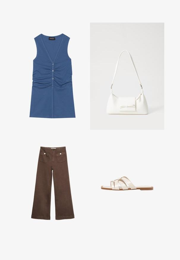 Blaues ärmelloses Top aus weichem Stoff, mit tiefem V-Ausschnitt, Knopfverschluss und gerafftem Detail an der Vorderseite.; Braune weit geschnittene Hosen aus Baumwolle, mit zwei Fronttaschen mit silbernen Knöpfen und einer glatten Textur.; Flache Sandalen mit einer honigfarbenen Gummisohle, gestaltet mit drei überlappenden weißen Lederriemen und einem kleinen Schleifendetail in der Mitte.; Weiße synthetische Handtasche in dreieckiger Form, flache Vorderklappe und Schleifendetail, verstellbarer Trageriemen, glatte Textur und minimalistisches Design.