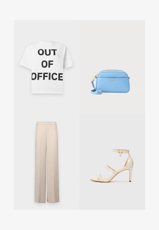 Hvit t-skjorte med fet svart tekst som sier "OUT OF OFFICE" sentrert på forsiden, med vanlig rund hals og korte ermer.; Beige vidde benbukser i et glatt stoff, med høyt liv og subtile frontfolder. Ingen lommer eller synlige detaljer i metall.; Beige høyhælte sandaler med tynn ankelstropp og to stropper over. Glanset lakkfinish og detaljer i gull på ankelstroppen.; Lys blå skinn crossover-veske med gulltonet detaljer, glidelås lukking og en frontlomme. Har justerbar stropp for ekstra bekvemmelighet.