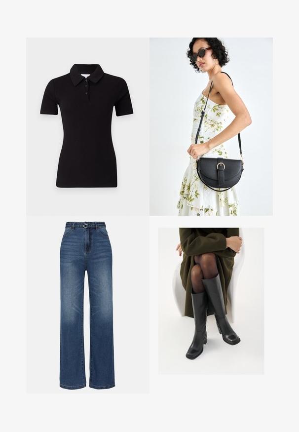 Svart ribbet polo-skjorte med krage, korte ermer og tre knapper. Glatt tekstur, tettsittende fasong, og ingen synlige mønstre eller detaljer.; Bredde ben blå denim jeans med høy midje, utstyrt med to metallspenne-detaljer, subtil fading og standard fem-lommers design.; Knæhøye sorte lærstøvler med firkantet tå og blokkhelt, vist med en modell som sitter iført en olivengrønn kåpe. Glatt tekstur, minimal detaljering.; Svart lærveske med en buet form, avtagbar stropp og gullbeslag. Vesken har et klaff med spenne-detall.