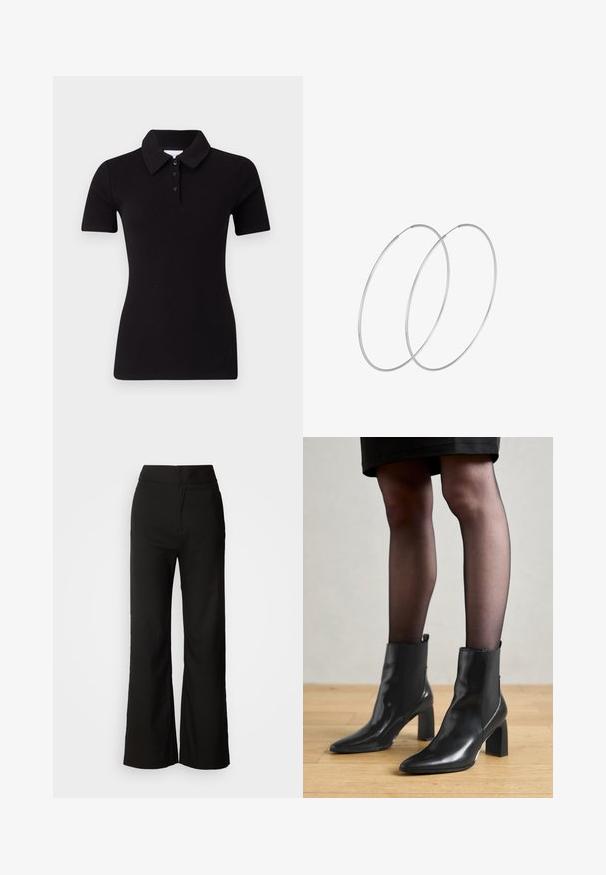 Čierna rebrovaná polo košeľa s golierom, krátkymi rukávmi a trojicou gombíkov. Hladká textúra, priliehavý strih a žiadne viditeľné vzory ani akcenty.; Čierne široké nohavice s hladkou textúrou, vysokým pásom a jednoduchým dizajnom. Žiadne viditeľné vrecká ani ozdoby.; Čierne kožené členkové topánky s špicatou špičkou, robustný štvorcový opätok a elegantný dizajn. Obsahujú elastické bočné panely pre jednoduché obúvanie.; Strieborné kruhové náušnice s minimalistickým dizajnom. Cirkulárny tvar, hladký povrch a tenký profil. Ľahké s lesklým povrchom.