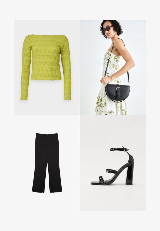 Zelený dlhý rukáv s textúrovaným prešívaným vzorom, štvorcový výstrih a priliehavý strih. Vyrobené z ľahkého materiálu.; Čierne nohavice so strihom rovného strihu, s prednými vreckami a bočnými rozparkami na leme. Vyrobené z mäkkej, hladkej tkaniny. Vhodné na rôzne príležitosti.; Čierne lakované sandále na podpätku so štvorcovou špičkou, navlečenými remienkami okolo členku a striebornými prackami. Disponujú masívnym blokovým podpätkom pre stabilitu.; Čierna kožená kabelka s zaobleným tvarom, odnímateľným popruhom a zlatými doplnkami. Kabelka má klopu s detailom s prackou.