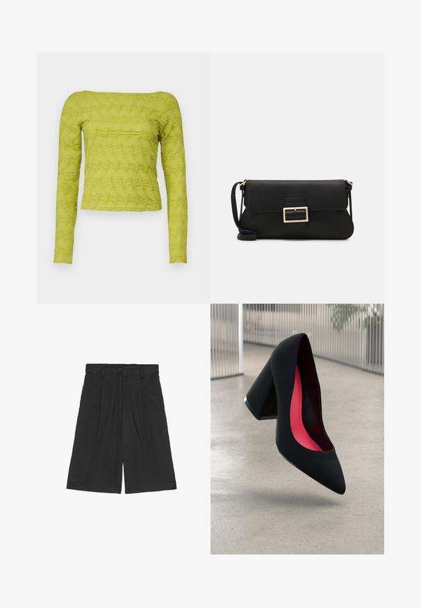 Grüner Langarm-Oberteil mit strukturiertem Steppmuster, quadratischem Ausschnitt und tailliertem Schnitt. Aus leichtem Stoff gefertigt.; Schwarze Leinen-Shorts mit lockerer Passform, flachem Bund, zwei seitlichen Taschen und einem Knopfverschluss an der Taille.; Schwarzer High Heel Schuh mit spitzer Zehe, strukturiertem Obermaterial und lebhaftem pinken Innenraum. Verfügt über einen dicken Absatz mit silberner Akzentuierung.; Schwarze Leder-Clutch mit Klappe und goldfarbenem Metallschnallen-Detail. Enthält einen schwarzen Riemen und ein schlankes, minimalistisches Design.; Goldene Creolen mit einem glatten, abgerundeten Design und einem glänzenden Finish. Leichte Bauweise mit einem sicheren Verschluss.