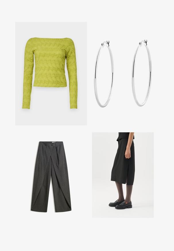Vihreä pitkähihaine paita, jossa on teksturoitu tikattu kuvio, neliön muotoinen kaula-aukko ja istuva malli. Valmistettu kevyestä kankaasta.; Harmaat raidoitetut housut, joissa on rento malli, yksittäinen nappisulku, laskokset ja leveä lahjemuoto.; Mustat polvenpituinen hame, jossa on sivuaukko, yhdistettynä mustiin loafer-kengiin ja ohuisiin ruskeisiin sukkahousuihin. Hameessa on sileä kangas ja yksinkertainen muotoilu.; Hopehope hopehope hopehope hopehope hopehope, joka on sileä ja kiillotettu pinta ja ohut, pyöreä muoto. Muotoilu sisältää turvallisen lukituksen.